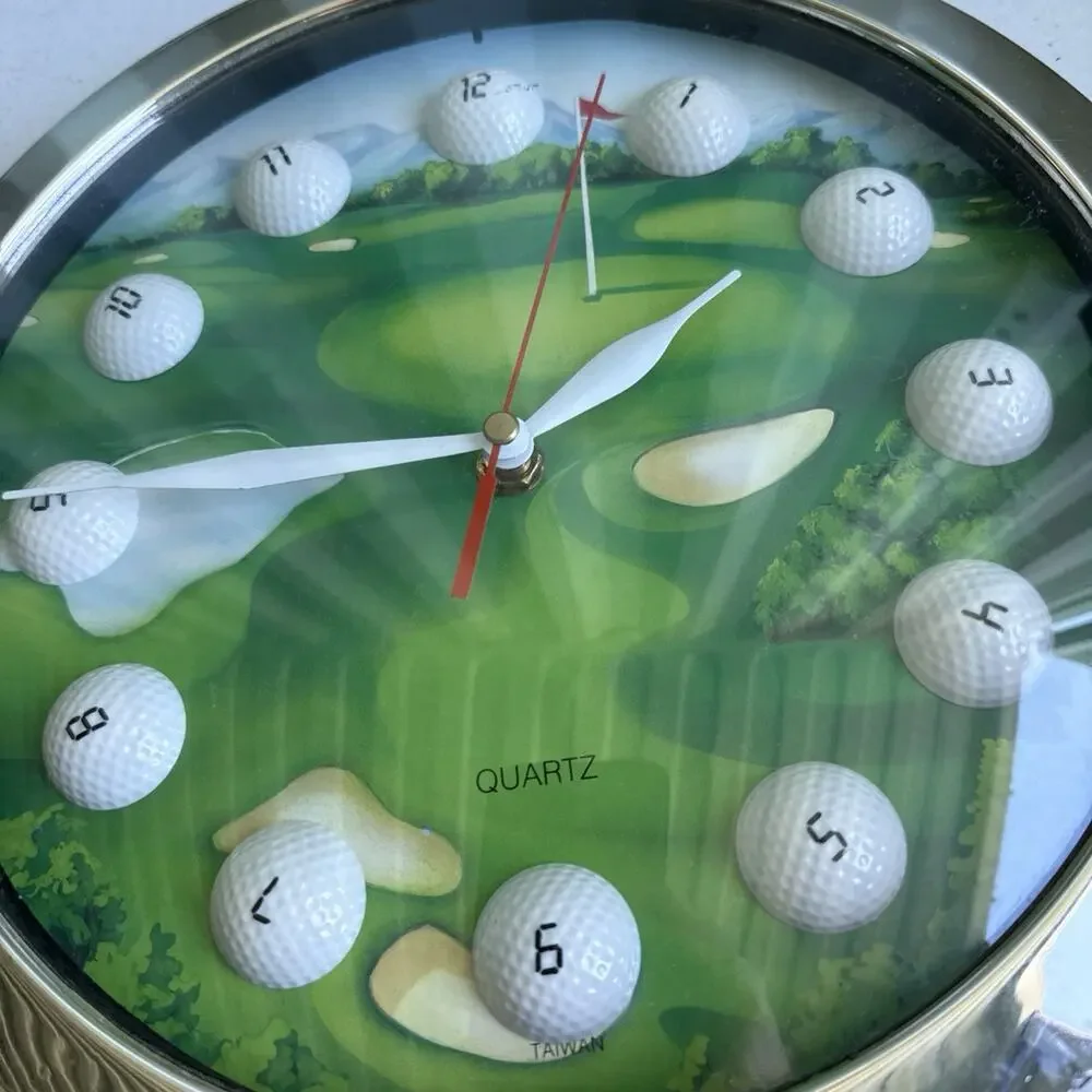 Working Golf Course Balls Wall Clock Quartz Chrome Rim 11 1/4